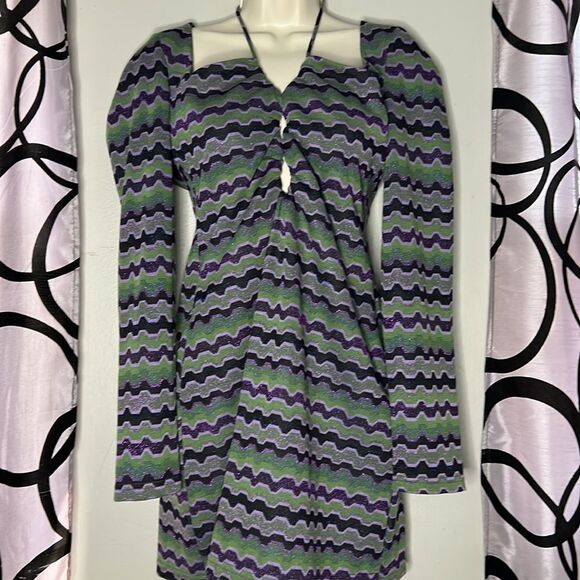 Vintage 90s Zara Green Purple Metallic Geo Striped Cutout Mini Dress Size M - Picture 4 of 11